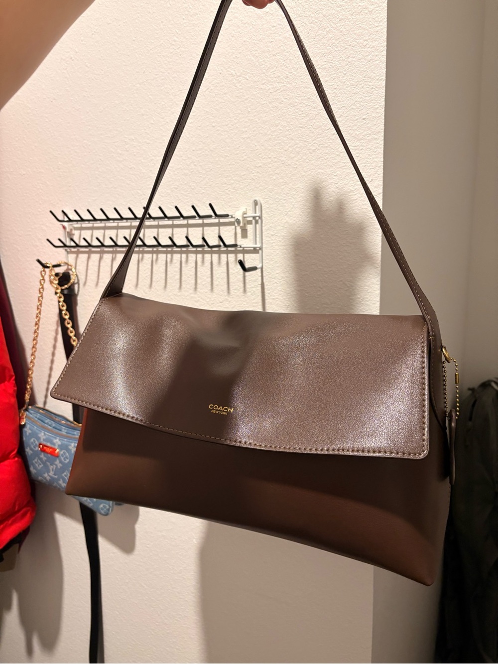 COACH Dark Brown Leather Shoulder Bag with Gold Logo